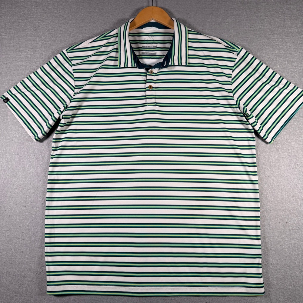 Swannies Mens XL Striped Golf Polo Shirt Green Navy Yellow Performance Polyester
